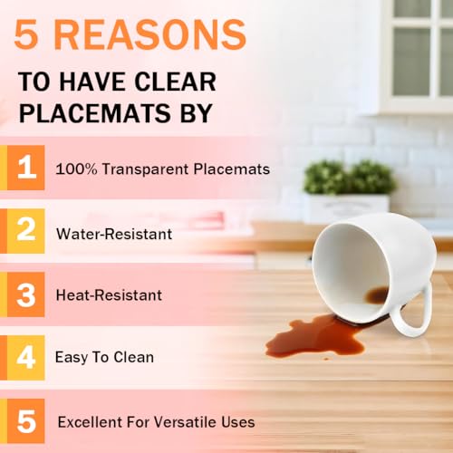 HASTHIP® Clear Plastic Placemats Set of 6 - Vinyl Table Protector for Dining, Kitchen, Office, Painting Table, Shelves - Heat Resistant, Crystal Clear