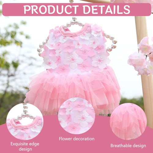 Qpets Dog Girl Dresses, Female Cat Dress, Crew Neck Dog Clothes Small Puppy Lace Princess Skirt, Girls Doggi Floral Dress Pink Flower Dresses Small Dog Cat Party Costume (M, Chest: 30cm)