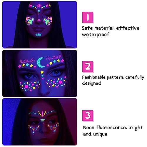MAYCREATE 8-Sheet UV Neon Face Tattoo Sticker Temporary Tattoos, Glow in the Dark Face Tattoos, Butterfly Mermaid Fluorescence Fake Tattoo Stickers for Halloween Rave Festival Party Supplies