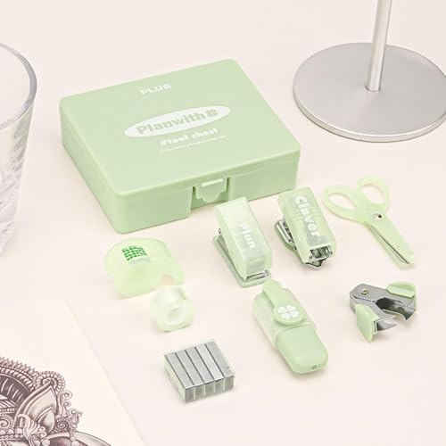 OFIFO® 8PCS Office Supplies Kit Set- Mini Size for Portability, Convenient and Efficient Office Work and Gifts, Student, Teacher, School, Back to School, Hole Punch, Portable Stap-Green