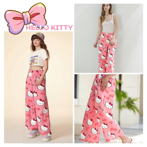 SANNIDHI® Pyjama Pants for Women Cartoon Kawaii Kitty Print Ultra Soft Cotton Lounge Comfy Casual Pajama Bottoms with Elastic Waistband Sleepwear M Pink 2PCS