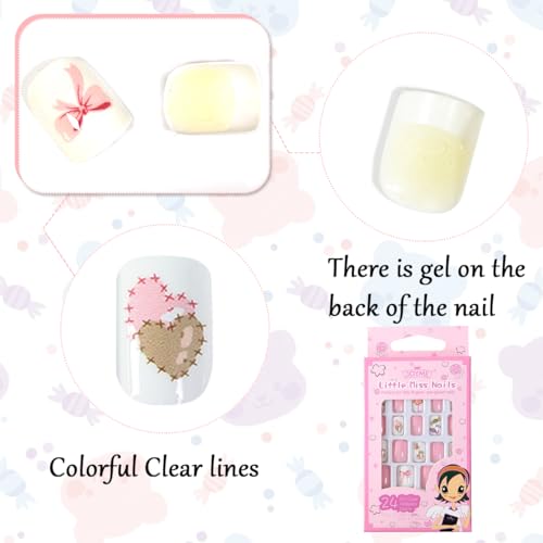 MAYCREATE 24pcs Kids Press on Nails Children Girls Press on Short Artificial Fake Nails Stick on Cute Pre Glue Full Cover Acrylic Nail Tip Kit Gift for Kids Nail Decoration, Style B