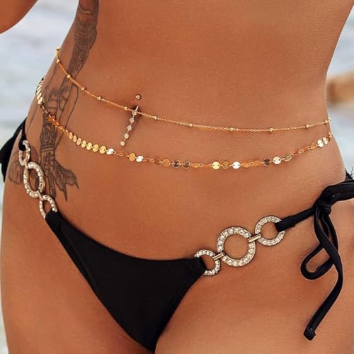 SANNIDHI® Waist Chain for Women Set of 6PCS Sequin Gold Plated Belly Chains 2-Layered Beads Coin Dainty Body Jewelry Bikini Beach Wear 39in Long Adjustable