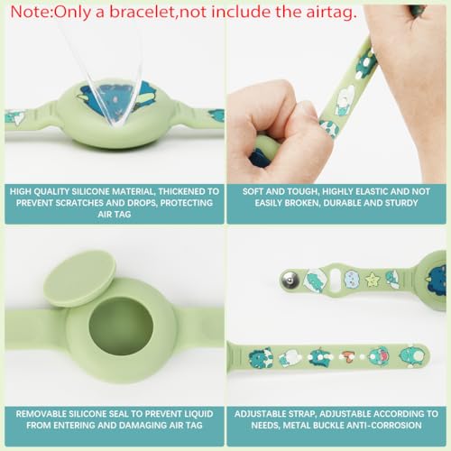 ZORBES® Kids Airtag Bracelet Cartoon Dino Silicone Wristband 9 Inches Adjustable Anti-Lost Waterproof Full Cover Protection for Air Tag Green 3PCS