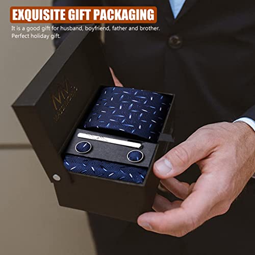 GUSTAVE Tie for Men Formal Ties Set with Pocket Square, Cufflinks and Tie Clip, Casual Business Blue Jacquard Neck Tie for Men Gift