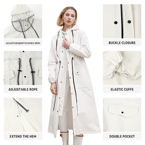 PALAY® Women Rainwear Long Waterproof EVA Hooded Rain Coat with Wide Brim Detachable Clear Face Cover Zip and Buttons Riding Outdoor Windproof Length 113CM 2 PCS