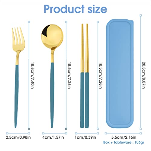 HASTHIP 3 Pcs Premium Gold Stainless Steel Fork Spoon Chopsticks, Portable Utensils with Box, Travel Camping Cutlery Set, Stainless Steel Flatware Set (Blue)
