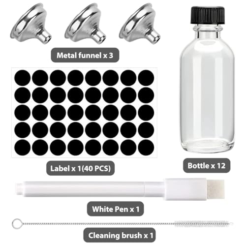 HASTHIP® 36PCS Small Glass Bottles with Lids 16Oz 60ml Glass Container Set with 3 Funnels Label Stickers Marker Pen Reusable Shot for Juice Ginger Drinks Alcohol Transparent