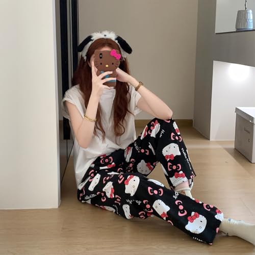 SANNIDHI® Pyjama Pants for Women, Cartoon Kawaii Kitty Print Ultra-Soft Cotton Lounge Pants Comfy Casual Pajama Bottoms with Elastic Waistband Lounge Pants Sleepwear, M, Black
