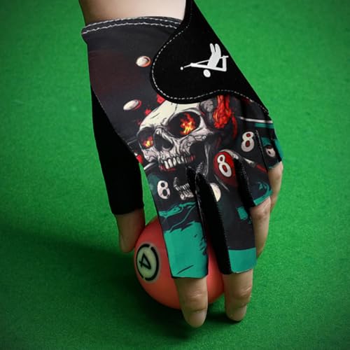 Proberos® Left Hand Open-Finger Billiard Glove Stretchy Ice Silk Nylon Anti-Slip Microfiber Palm Skull Print Hook & Loop Closure Breathable Snug Fit for Pool Players 2PCS