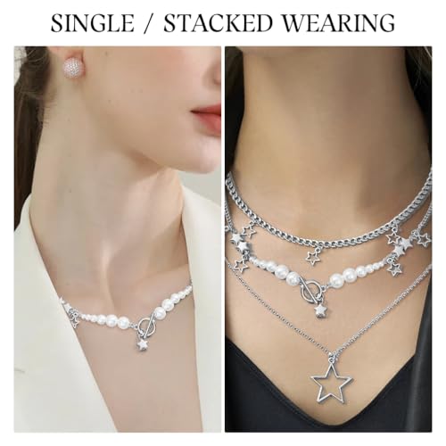SANNIDHI® Necklace for Women Cute Star Pendant Trio Layered Chain Necklace Pearl Choker Necklace Vintage Y2K Necklace Aesthetic Jewellery Birthday Gift for Girls Sister X 3