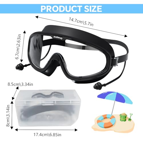 Proberos® Big Frame Swim Goggles, Adults Swim Goggles Anti-Fog Oversized Frame Swim Goggles with Triple-Layer Designed Waterproof Earplugs, Leakproof Silicone Frame Design Freestyle, Black 3 PCS