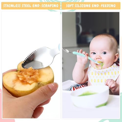 ZIBUYU® Kisangel Baby Scraper Spoon, Double Head Silicone Spoon with Serrated Edges for Fruit Mud & Puree, BPA-Free, Heat-Resistant, with Storage Box, Lightweight Feeding Utensil for Baby Training, Green