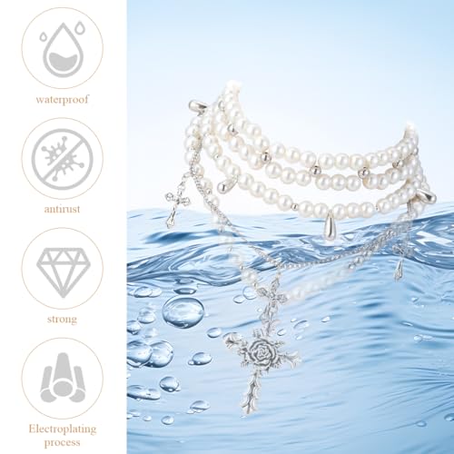 SANNIDHI® Pearl Necklace for Women Girls Gothic Rose Cross Pendant Chain Layered Stainless Steel Beads Choker Punk Aesthetic Jewellery Gifts 3PCS