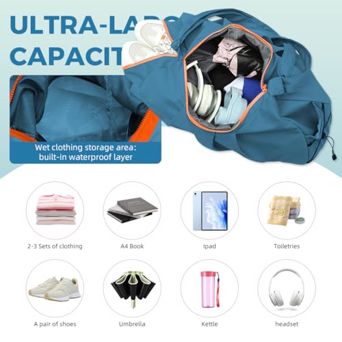 PALAY® Gym Bag Fashion Nylon with Shoe Compartment Lightweight Duffle Shoulder Travel Waterproof Day Pack Adjustable Strap Blue 3 PCS