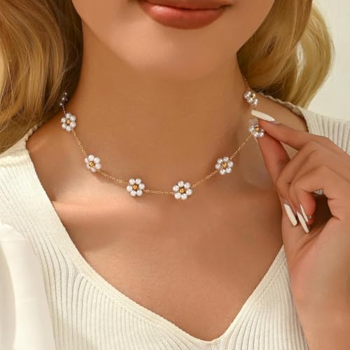 SANNIDHI® Pearl Necklace for Women Girls Flower Pendant Necklace with Gift Box Gold Plated Stainless Steel Chain Jewellery Valentine Birthday Gifts for Women Girls Sister Girlfriend X 3