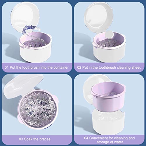 HASTHIP® 2Pcs Retainer Case, Denture Bath Case Cup Box Holder with Strainer Basket Storage Soak Container Teeth Aligner Denture Box for Travel Cleaning & Drying - White & Blue