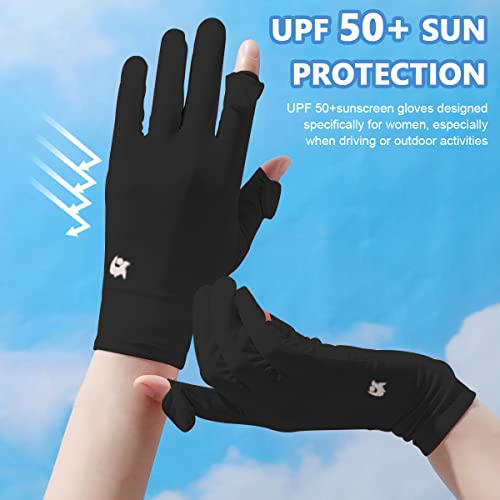 PALAY® Sun Protection Gloves for Women Non-Slip Touch Screen Breathable Silk Cooling Outdoor Full Finger Gloves for Cycling Driving Fishing Black Snap Button Closure X2