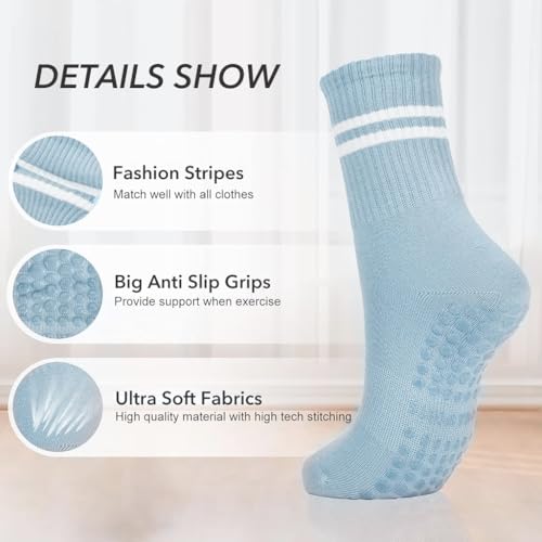 Proberos® 2 Pairs Yoga Socks for Women Anti-Slip Grip Anti-Odor Cotton Temple Breathable Moisture-Wicking Pilates Dance Running Floor Use Blue Green Stylish Comfortable 3PCS
