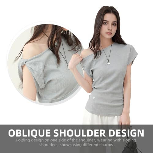 SANNIDHI® Womens Summer Off Shoulder Tops Casual Loose Waffle Knit Short Sleeve Lightweight Solid Color Blouses Short Sleeve T Shirts One Shoulder Tops Trendy Sexy Cute Tunic Tee, XL