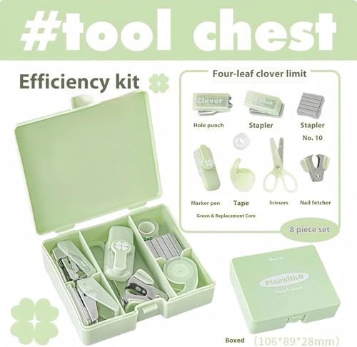OFIFO® 8PCS Office Supplies Kit Set- Mini Size for Portability, Convenient and Efficient Office Work and Gifts, Student, Teacher, School, Back to School, Hole Punch, Portable Stap-Green