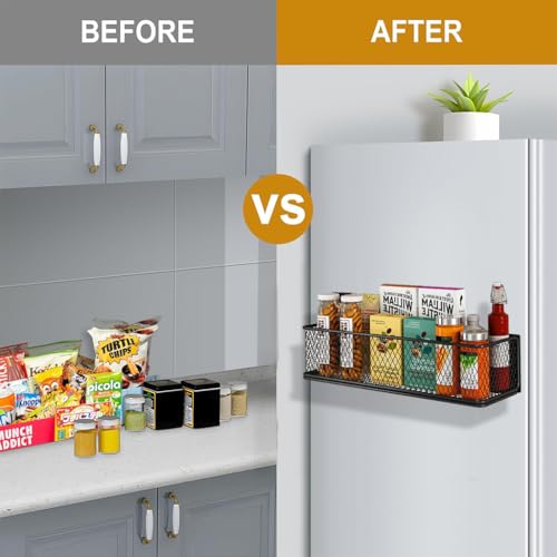 HASTHIP Kitchen Organizer Basket Magnetic Metal Mesh Organizer Basket Spice Seasoning Jar Organizer Holder Multi-Purpose Home Organzier for Refrigerator, Whiteboard, 35 x10.5x8.5 cm