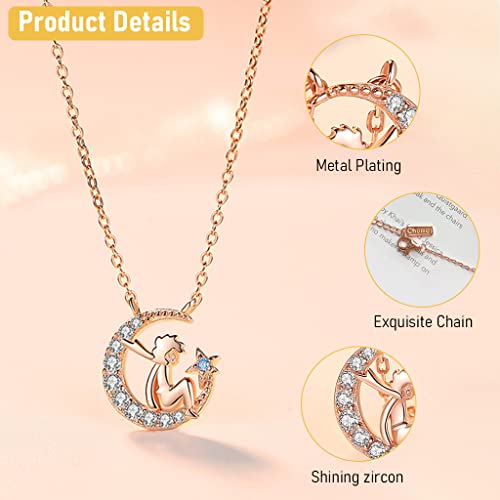 SANNIDHI the Litthe Prince Necklace for Women, Exquisite Inlaid Zircon Le Petit Prince Pendant Necklace for Girls Ladies, Fashion Chain Necklace Jewelry with Gift Box, Rose Gold