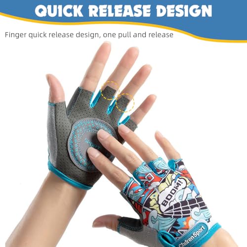 Proberos® Surfing Boy Kids Bike Gloves Size S for 4-8 Years Old Anti-Slip Breathable Fingerless Cartoon Print Riding Sport Children's Bicycle 3PCS