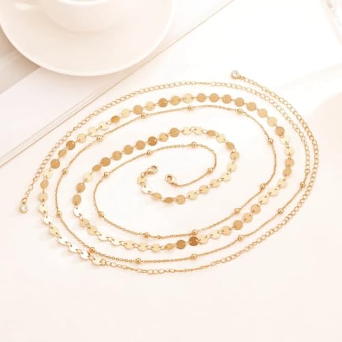 SANNIDHI® Waist Chain for Women Set of 6PCS Sequin Gold Plated Belly Chains 2-Layered Beads Coin Dainty Body Jewelry Bikini Beach Wear 39in Long Adjustable