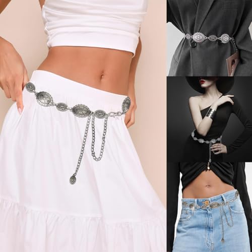 PALAY® Waist Chain for Women for Saree Gold Metal Concho Belt Stylish Boho Western Hip Belt Fashion Adjustable Y2K Jewellery Chain Belts for Dresses, Jeans, Skirts, Beach Outfits - Silvercolor 3 PCS