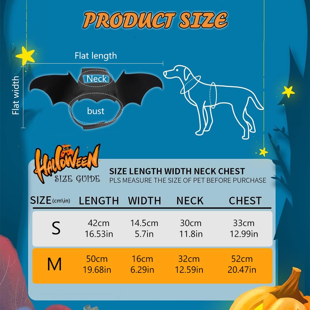 Qpets Dog Costume, Bat Wing Costume for Cat Puppy Bat Wing Collar with Bell Halloween Pet Costume Adjustable Hoop and Loop Closure Halloween Party Favor Dress Up for Cat Puppy, Size M