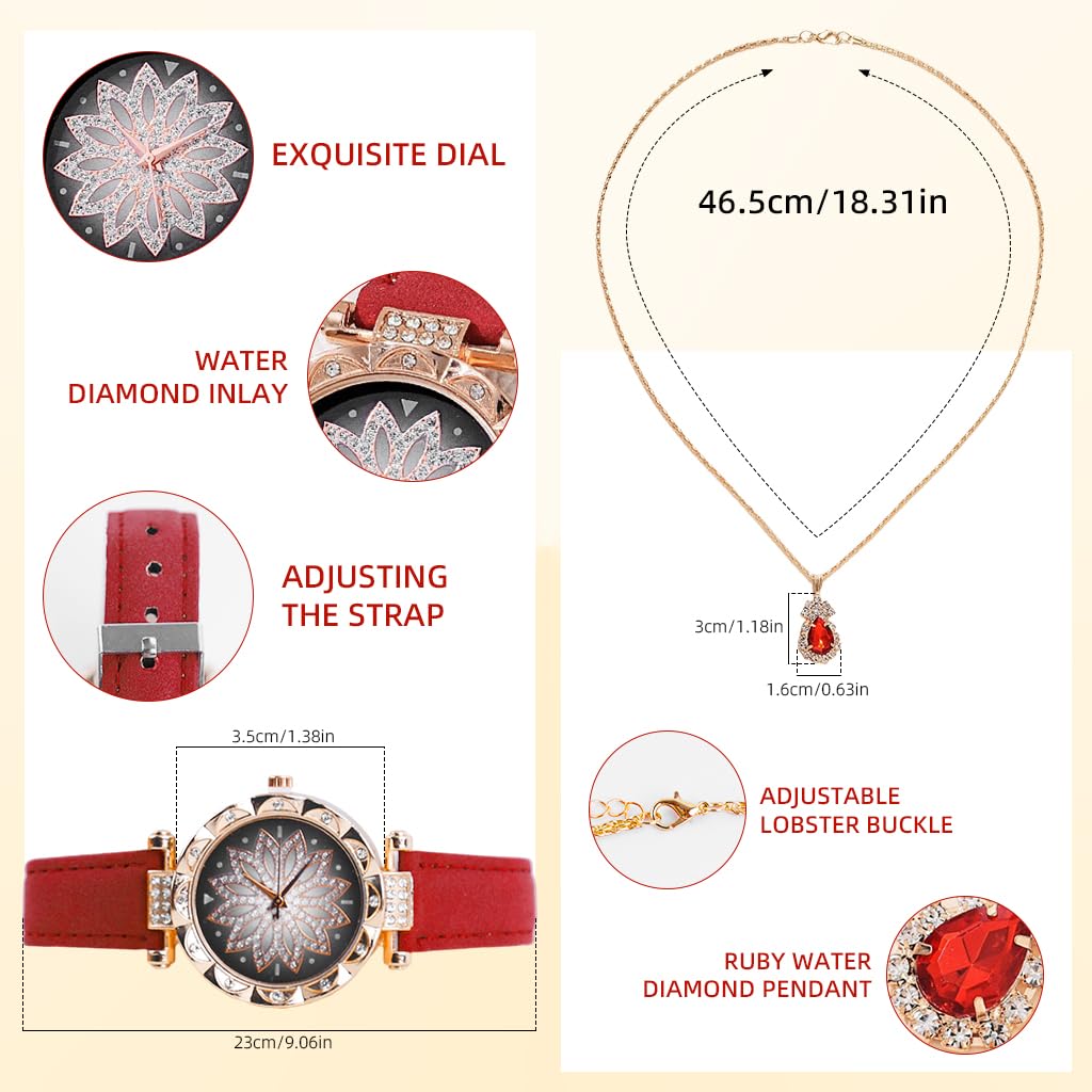 SANNIDHI Women Wristwatch Jewelry Gift Set of 5Pcs Luxury Red Gem Necklace Earring Jewelry Gift Set Luxury Rhinestone Inlaid Quartz Watch  Valentine's Day Gift, Birthday Gift, Anniversary Gift
