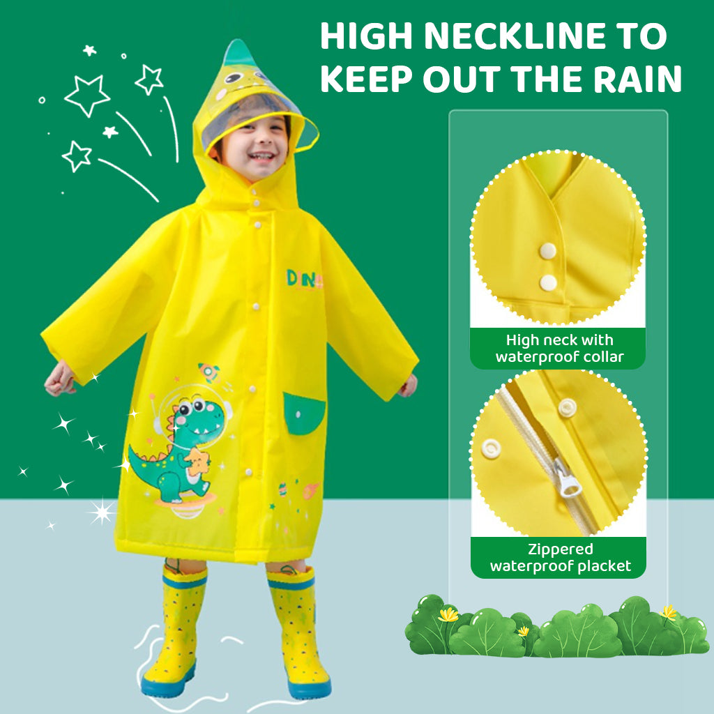 PATPAT Dinosaur Kids Rain Coat EVA Hooded Rain Jacket with Transparent Wide Hood Brim Cartoon Rain Coat for Kids with Storage Pouch, Knee-length Kids Rain Coat for Boys Girls 3-4 Years Old, S