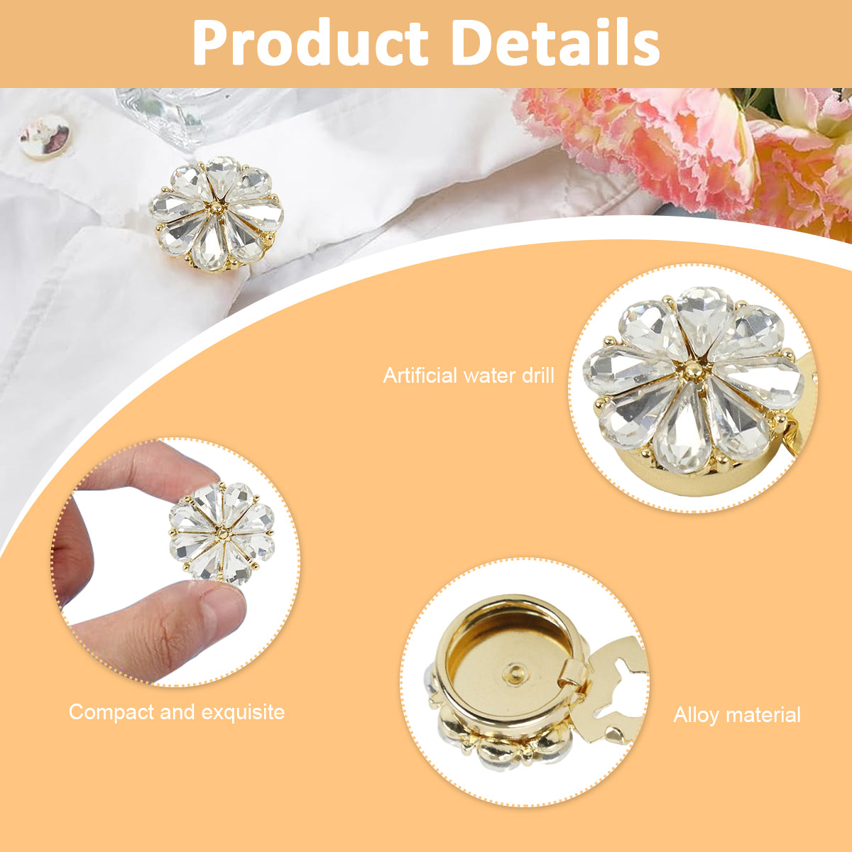 SANNIDHI 2Pcs Shirt's Button Charm Brooch Charm Button Up Garment Charm Floral Rhinestone Charm Snap-on Button Charm