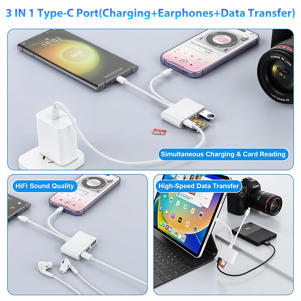 Verilux® Multi Card Reader for iPhone SD Card Reader 4 in 2 SD Card Reader USB C/Light-ning to SD/TF Card Flash Drive Reader Support Fast Charging for iOS Devices Portable Multi Card Reader