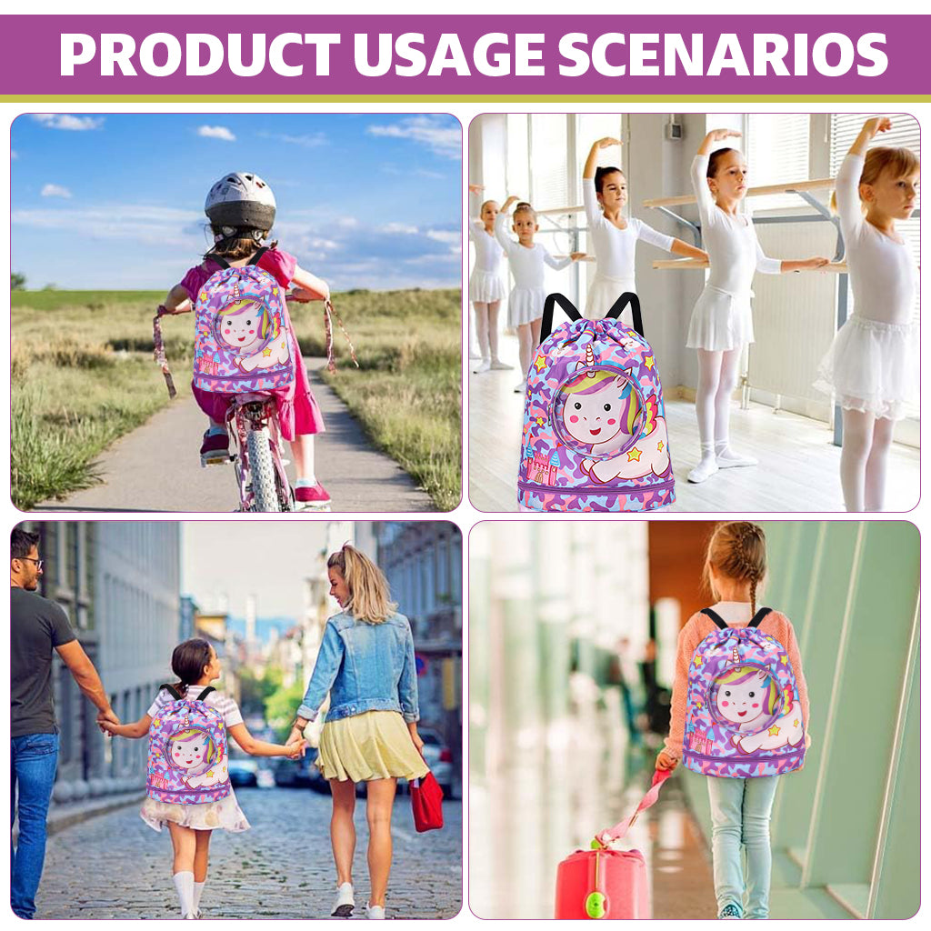 Proberos Drawstring Backpack Girls Waterproof Swimming Bags with Shoe Compartment Colorful Unicorn Print Polyester Drawstring Backpack Girls Travel Backpack Swimming Bag Activitiy Bag