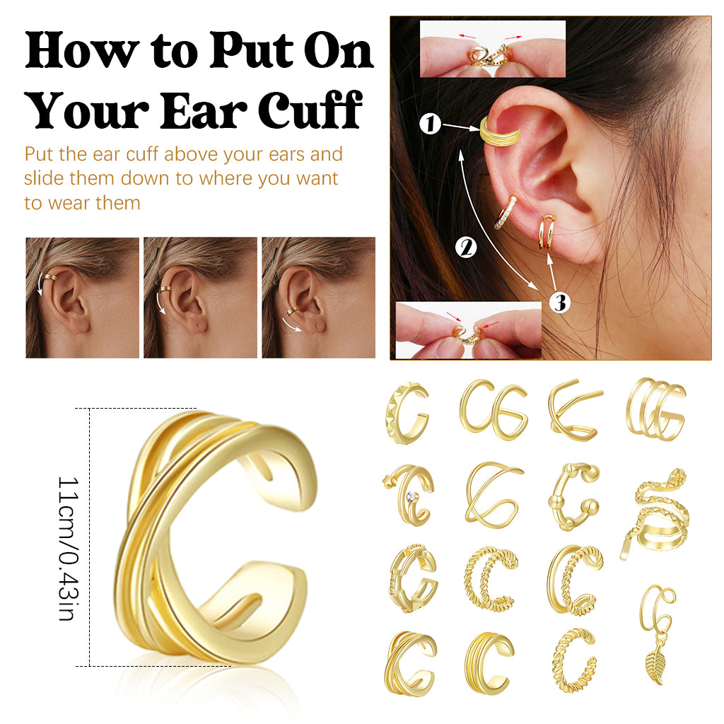 SANNIDHI 15Pcs Chic Golden Ear Cuffs for Women 15 Mixed Designs Ear Cuffs Slide-On Cuffs Non Piercing Earrings Stylish Women Ear Cuffs Earrings