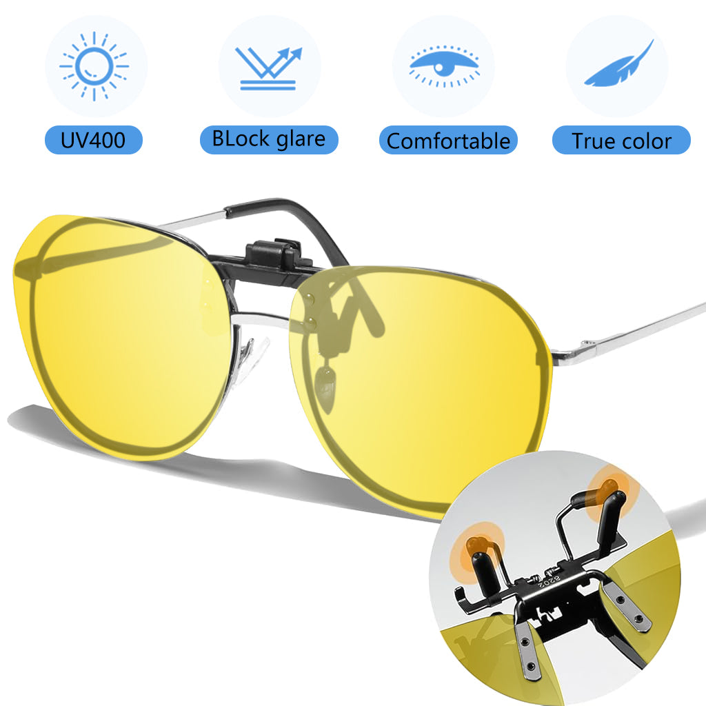 Proberos Clip-on Sunglasses Lenses Anti Glare Yellow Flip-up Polarized Lenses Outdoor UV Protection Sunglasses Lenses for Prescription Glasses Eyeglasses Eyewear, with Case & Wipe Cloth