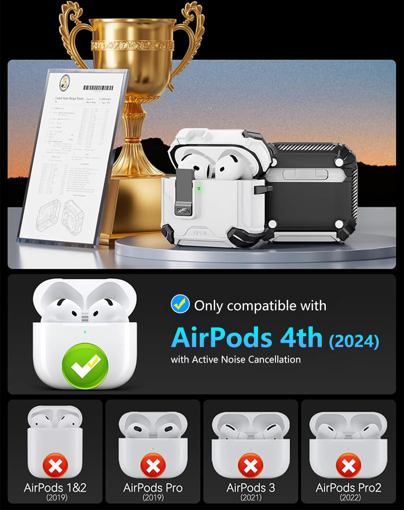 ZORBES Compatible with AirPods 4th Generation Case Sleek White TPU Protective Case with Lock & Charging Port Flip Lid Design Fashion Earbud Charging Case Cover for AirPods 4th Gen, with Carabiner