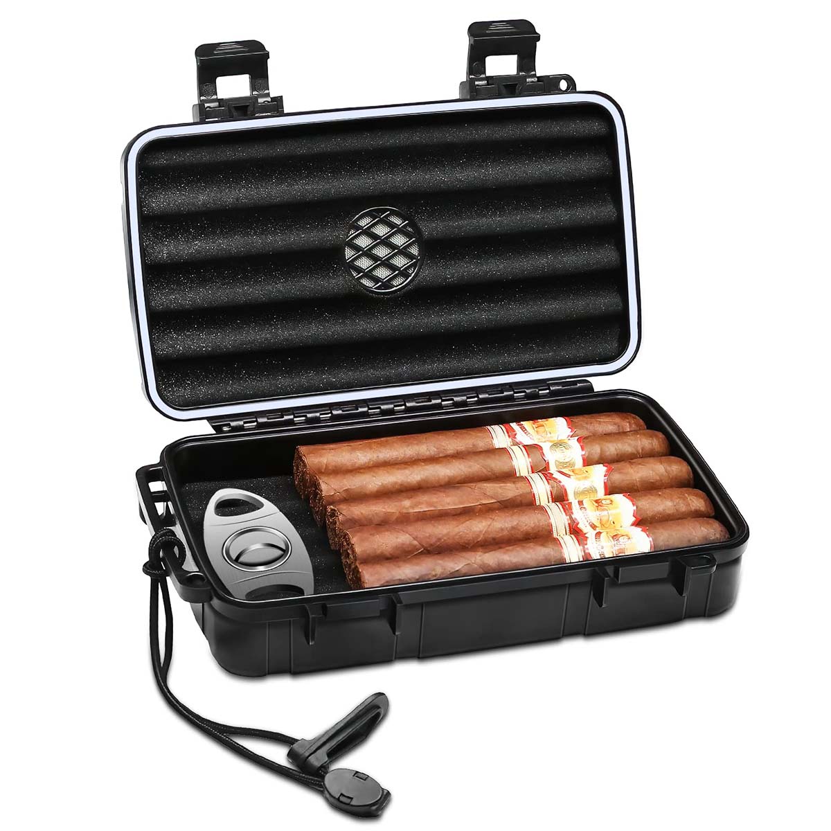 GUSTAVE® Travel Cigar Humidor Case with Cigar Cutter Hard Shell 5 Cigar Capacity Storage Case with Humidifier Disc EVA Protective Foam Liner Design Portable Cigar Box with Lanyard, 23x13x5cm