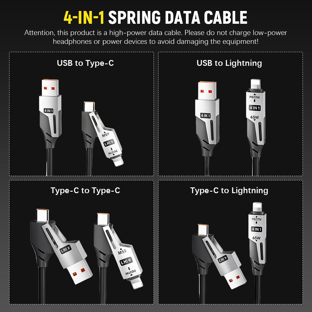 Verilux 4 in1 Type C Cable with Spring, PD65W C Type Cable Fast Charging, 480Mbps Data Transfer USB to Type C Cable, Multi Adjustable Cable with Type C/USB A/Light-ning Port for iPhone 16/15, Black