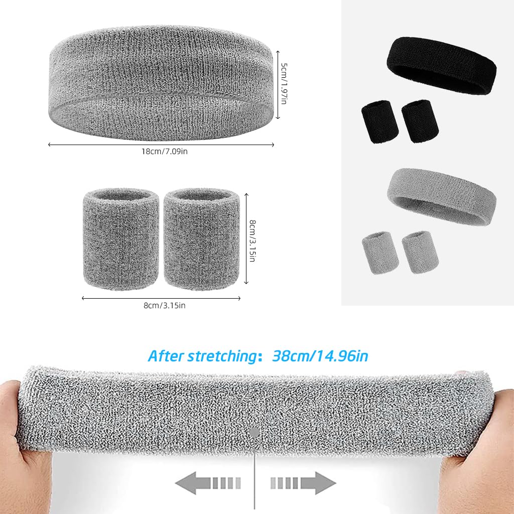 Proberos Sport Headband Wristband Combo Men Women Fashion Sport Headband Wristbands Polyester Spandex Soft Cloth Moisture Wicking Stretchy Wide Sweat Headband for Running, Workout, Yoga(Black &Grey)