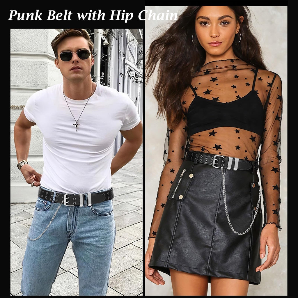 ZIBUYU Women Belt Punk Belt with Hip Chain 43 inches Women Belt Dual Row Hole Design PU Leather Belt Chic Women Belt for Pants Jeans Skirt