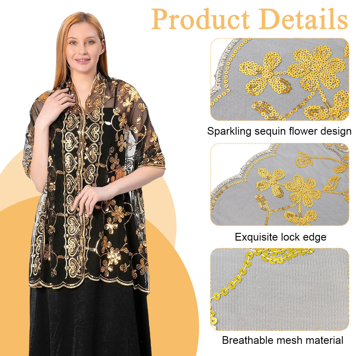 SANNIDHI Shawl for Women, Embroidery Wraps for Evening Dresses, Floral Sequin Formal Shawl Wrap, Luxurious Sheer Long Lace Shawl for Ladies Wedding, Party (190x60cm)
