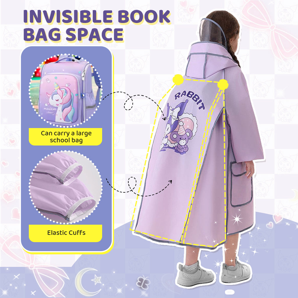 PATPAT Rain Poncho for Girls Kids Rain Coat EVA Rain Coat Knee-length Rain Coat with Transparent Wide Brim Hat & Pocket Button-Up High Collar Rain Coat Cartoon Kuromi Rain Coat for School, Camping, M