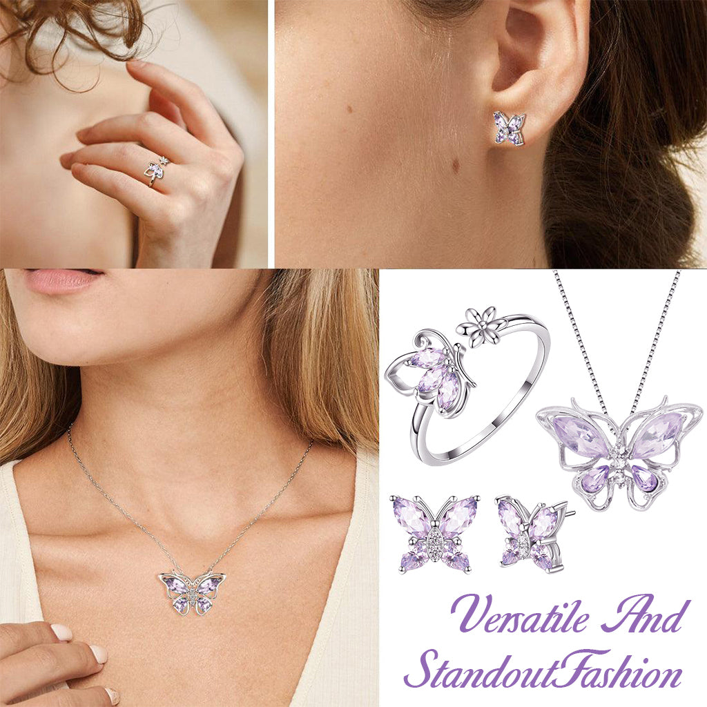 SANNIDHI 4Pcs Necklace Set for Girls Women Stylish Crystal Butterfly Pendant Necklace Adjustable Finger Rings Studs Earrings Jewellery Set Valentine Birthday Gifts for Women, Girls, Sister - Purple