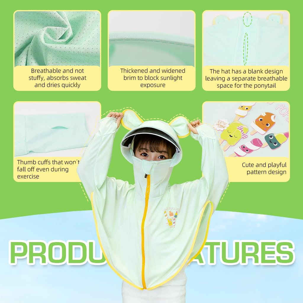PALAY Sun Protection Hoodie Toddler UV Protection with Protective Goggles Jacket Girls Long Sleeve Shirt UPF50+ Lightweight Hoodie with Thumb Hole 3-12Years(Suggested height of 120-140cm Green)