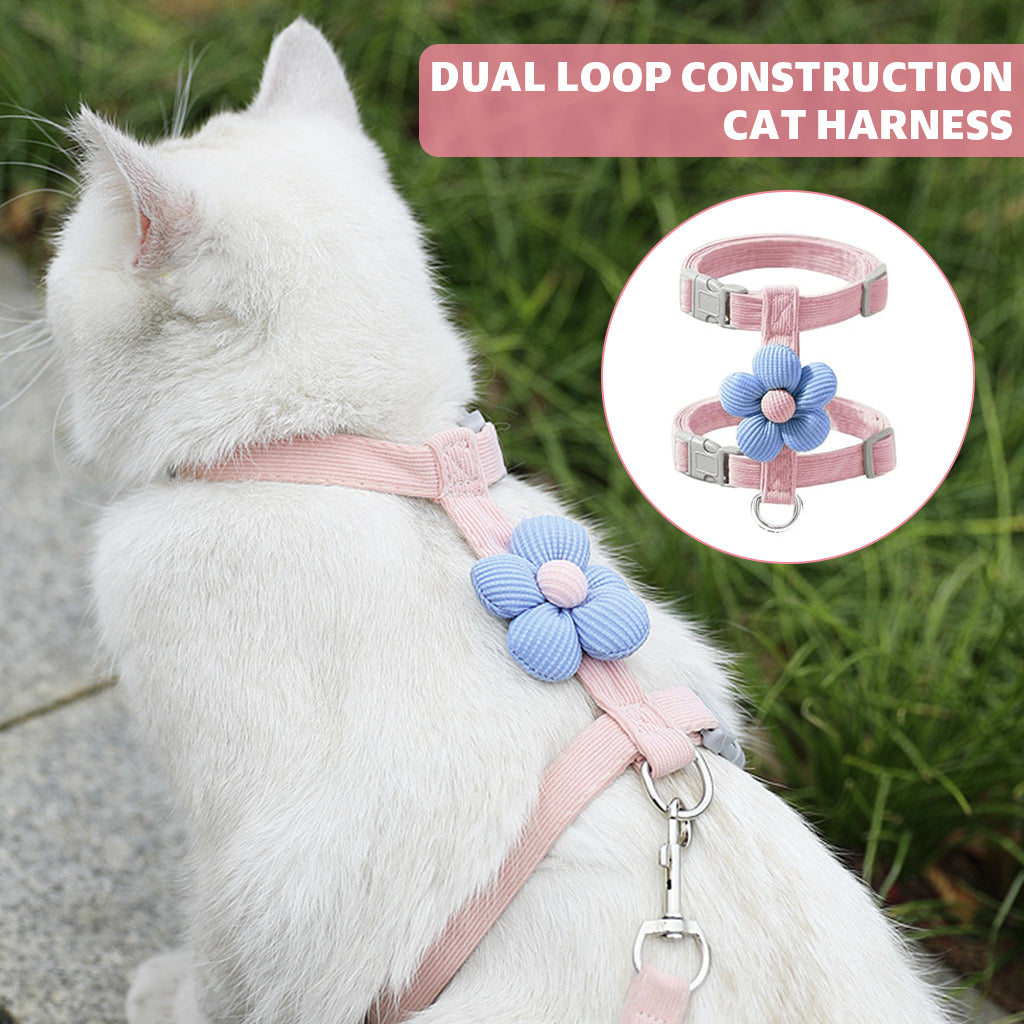 Qpets Cat Harness with Leash, Cat Harness and Leash Set for Small Cats with Quick Release Buckle, Escape-Proof Cute Flower Cat Belt for Outdoor Walking & Travel (M, Chest 27-43cm, Neck 23-33cm)