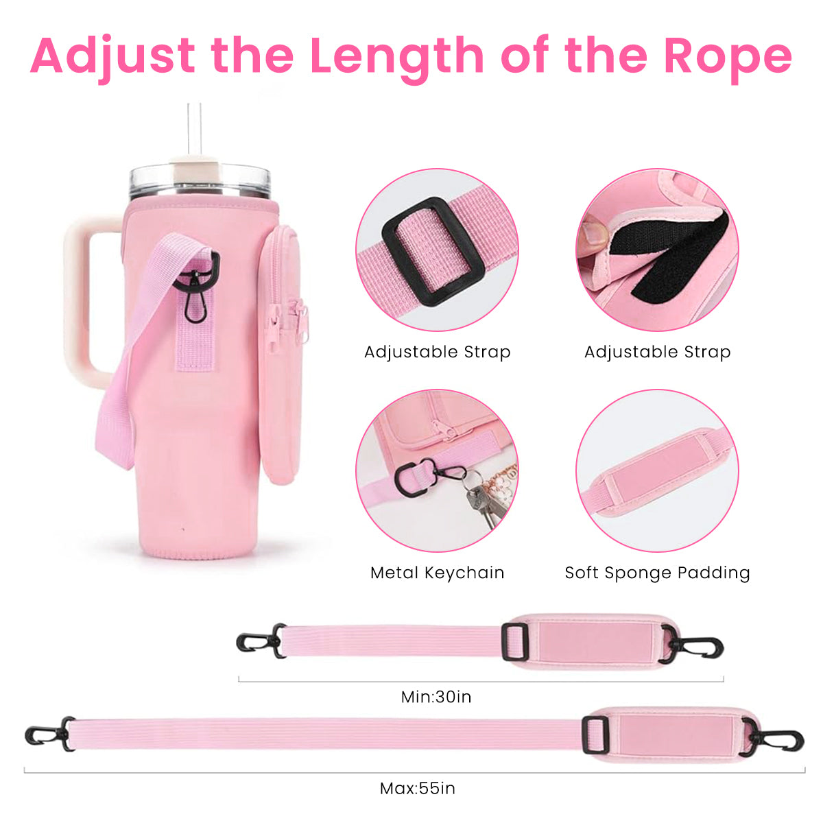 HASTHIP Water Bottle Carrier Bag for Stanley 40/30 oz Tumbler with Phone Pocket Water Bottle Holder with Strap Neoprene Water Bottle Pouch for Stanley Cup Accessories (Pink)