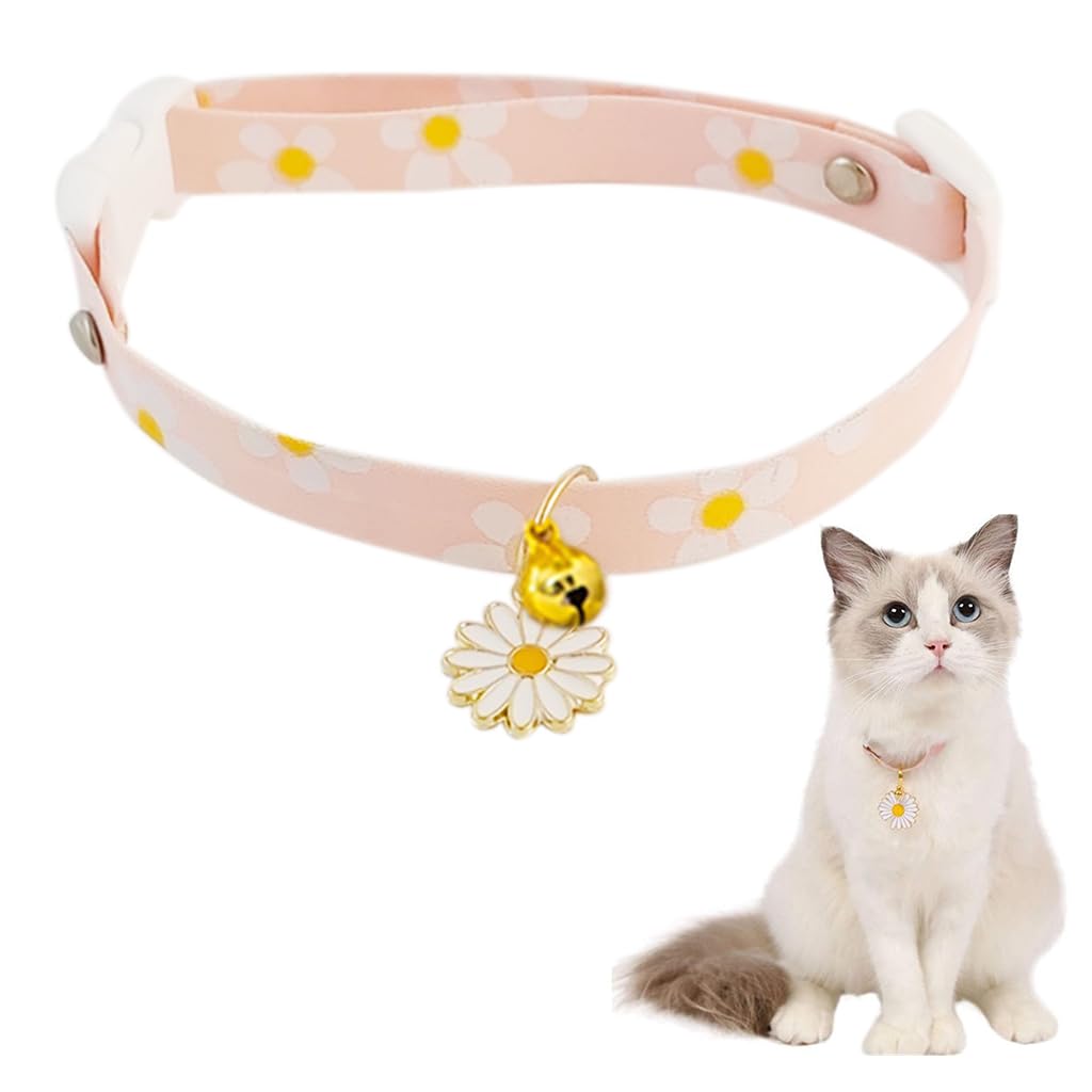 Qpets Cat Collar Cotton Cat Collar with Daisy Flower Charm Quick Release Buckle Design 18-32cm Adjustable Cat Collat Cute Pink Floral Print Cat Collar